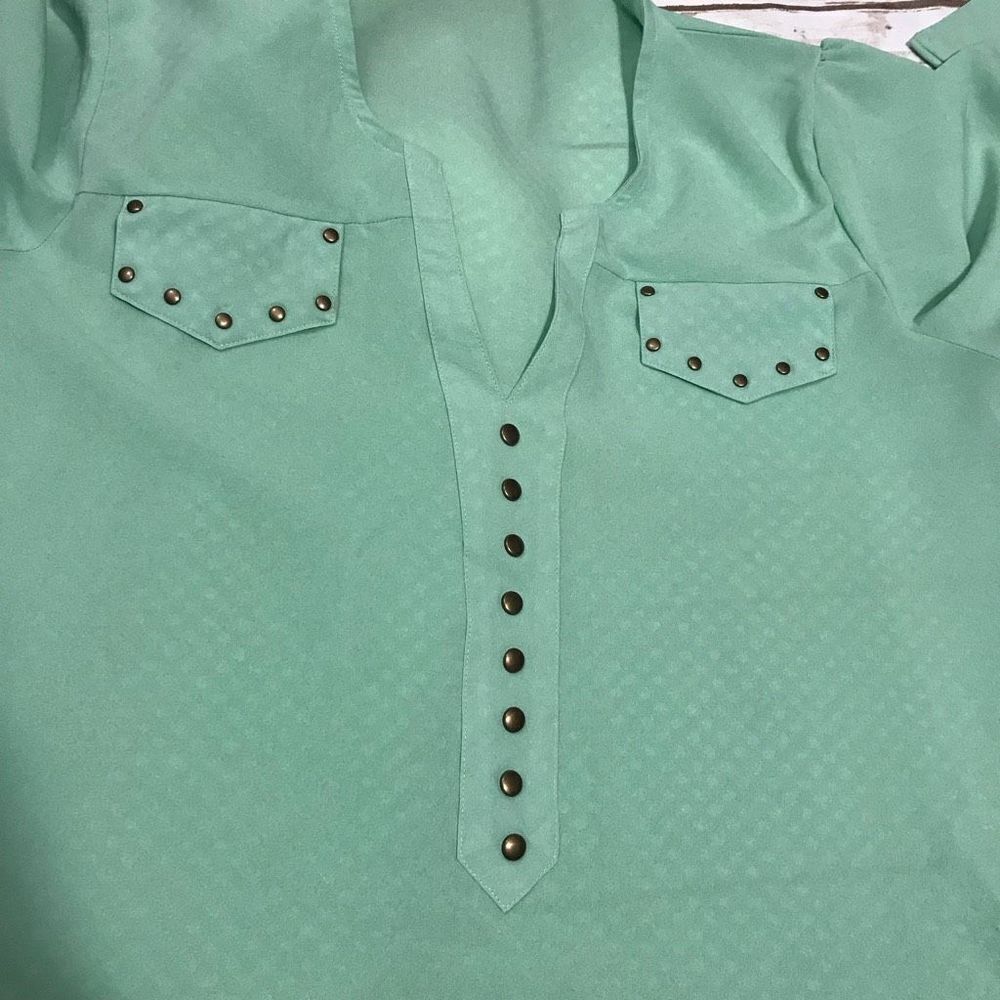 Womens Wrangler‎ Rock 47 3/4 Sleeve V Neck Green Studded Blouse Size L - Picture 5 of 13
